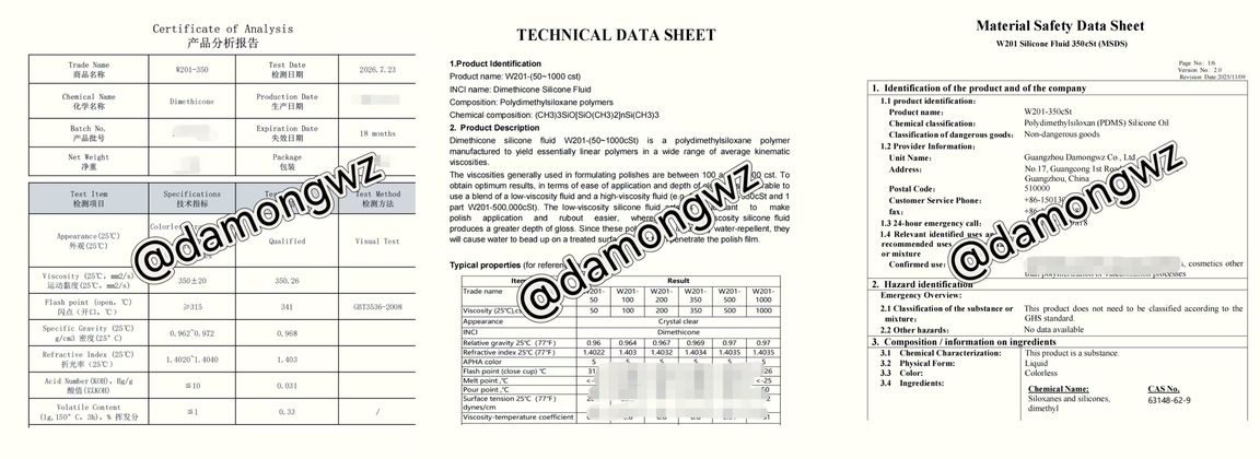 Damongwz export documents: Certificate of Analysis, Technical Data Sheet and Material Safety Data Sheet