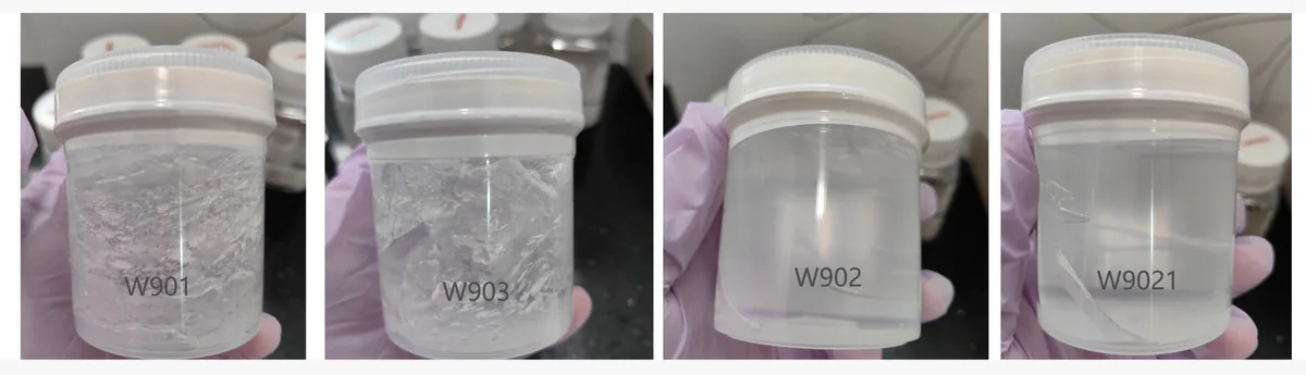 Damongwz W901, W903, W902 and W9021 silicone elastomer gels, in-house reference samples, side by side.