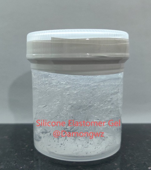 Damongwz silicone elastomer gel reference sample, clear gel in jar with @Damongwz watermark.