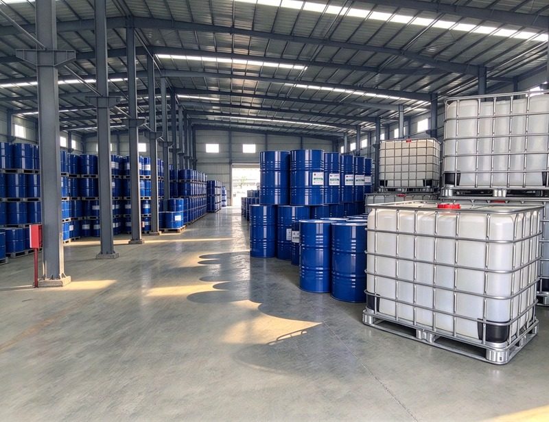 Clean warehouse with stacked silicone raw material drums and IBC tanks