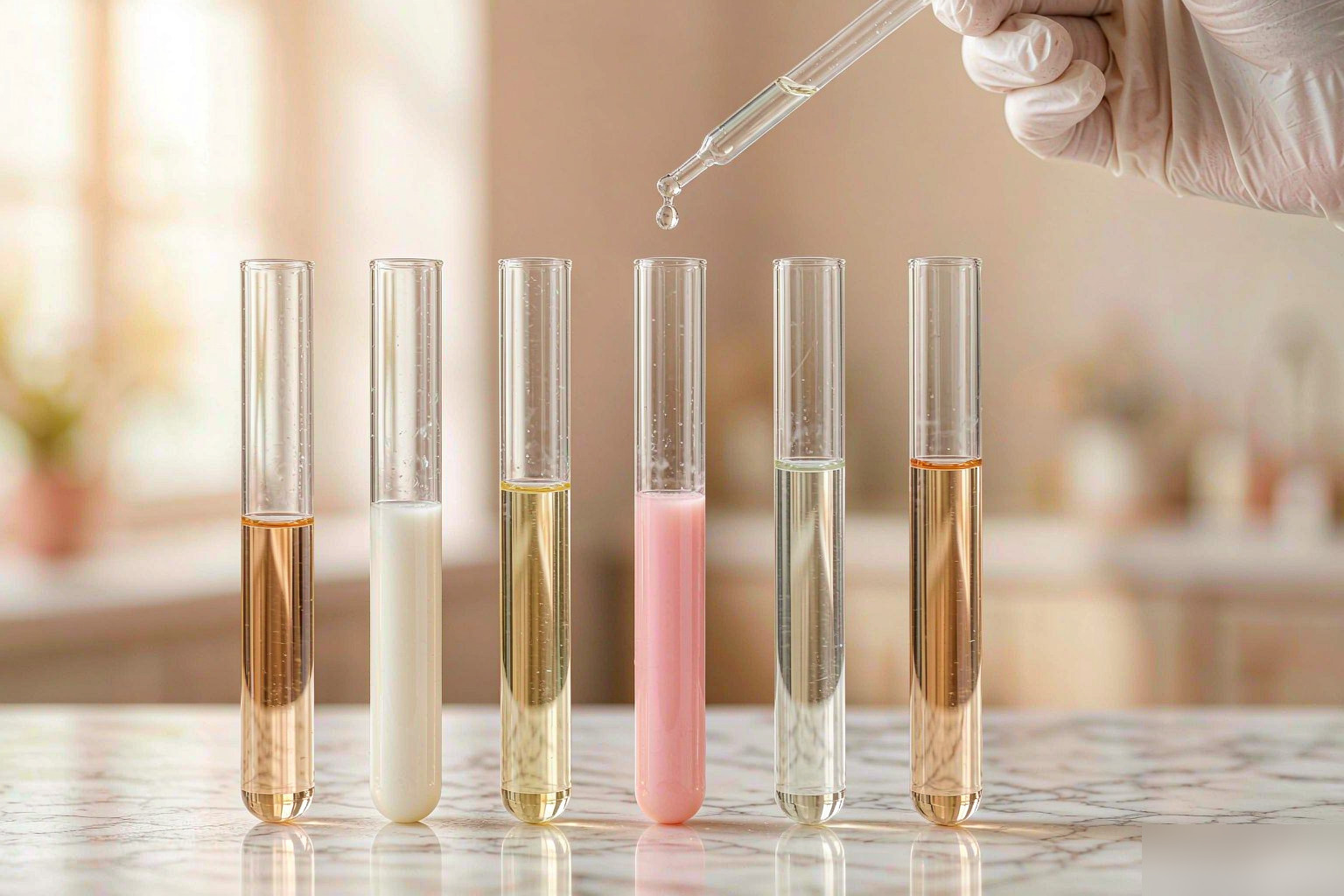 Cosmetic silicone R&D lab — clear test tubes with formulated silicone fluids